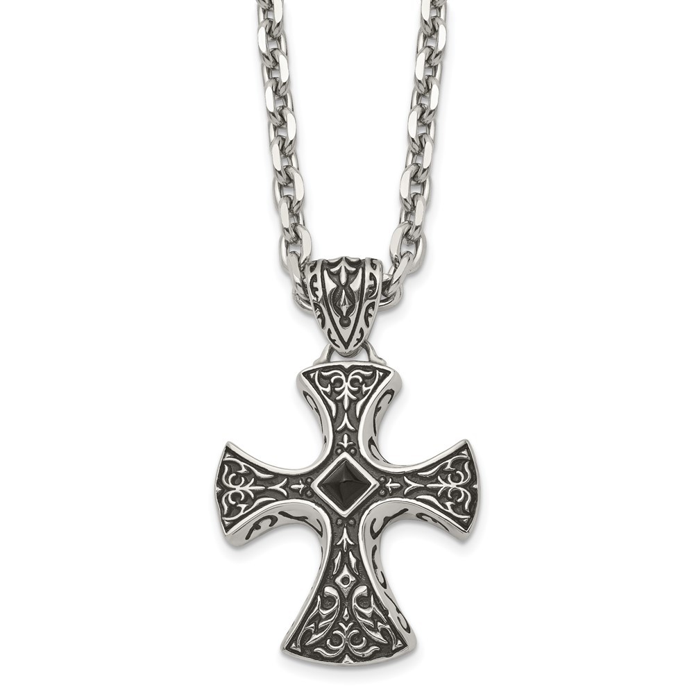 Stainless Steel Antiqued and Brushed w/Black Agate Cross 24in Necklace