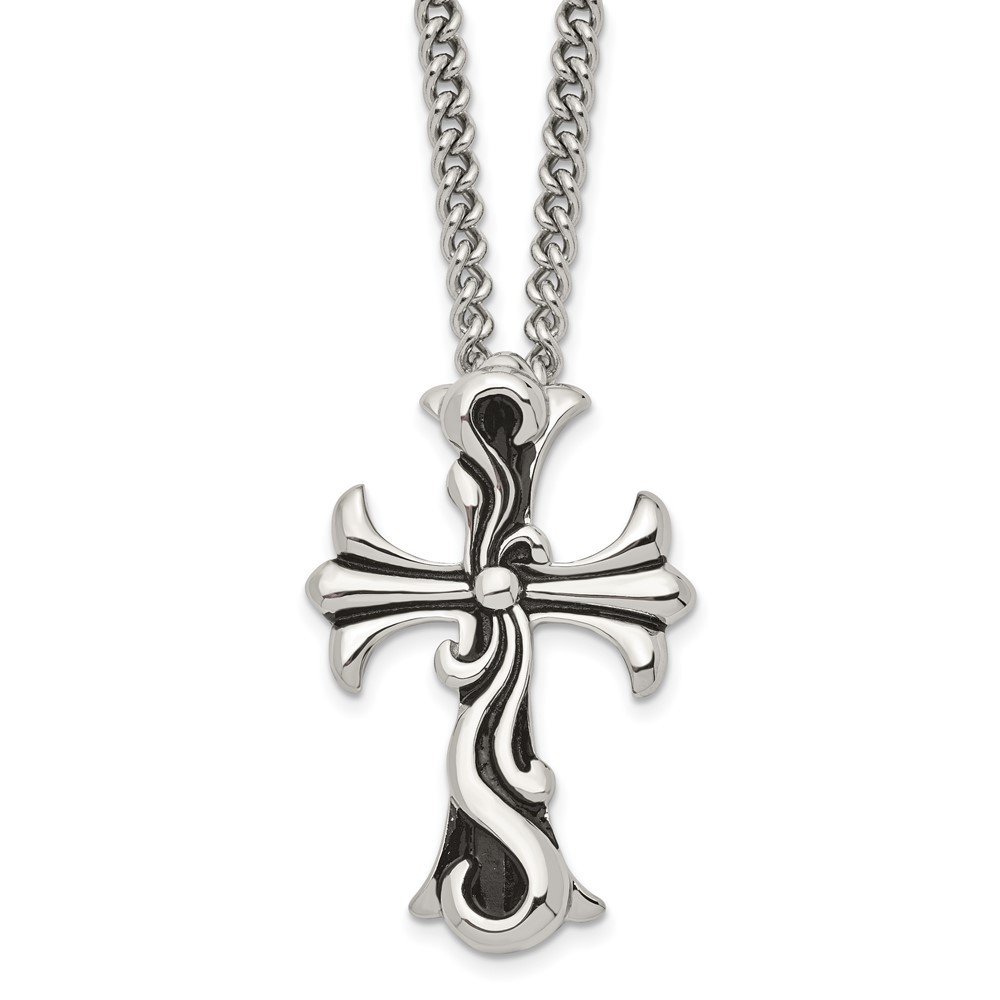Stainless Steel Antiqued Polished & Textured Scroll Cross 22in Necklace