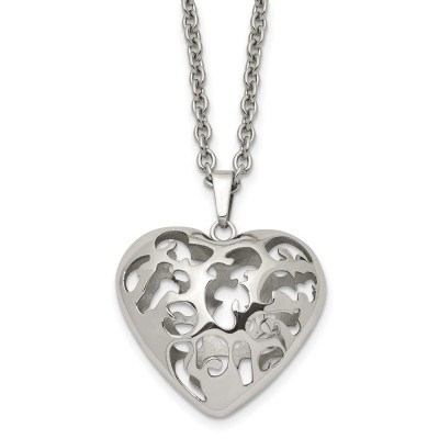 Stainless Steel Polished Filigree Puffed Heart 20in Necklace