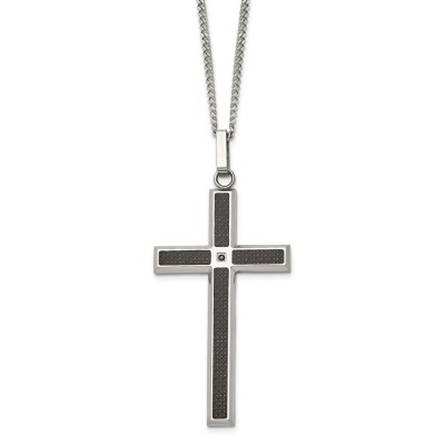 Stainless Steel Black Carbon Fiber Inlay & Black Diamond Cross Necklace