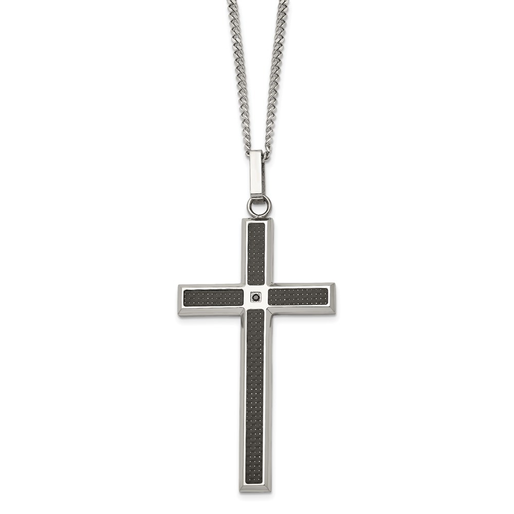 Stainless Steel Black Carbon Fiber Inlay & Black Diamond Cross Necklace