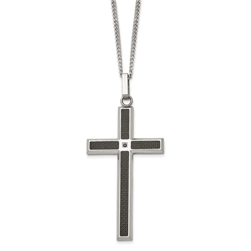 Stainless Steel Black Carbon Fiber Inlay & Black Diamond Cross Necklace