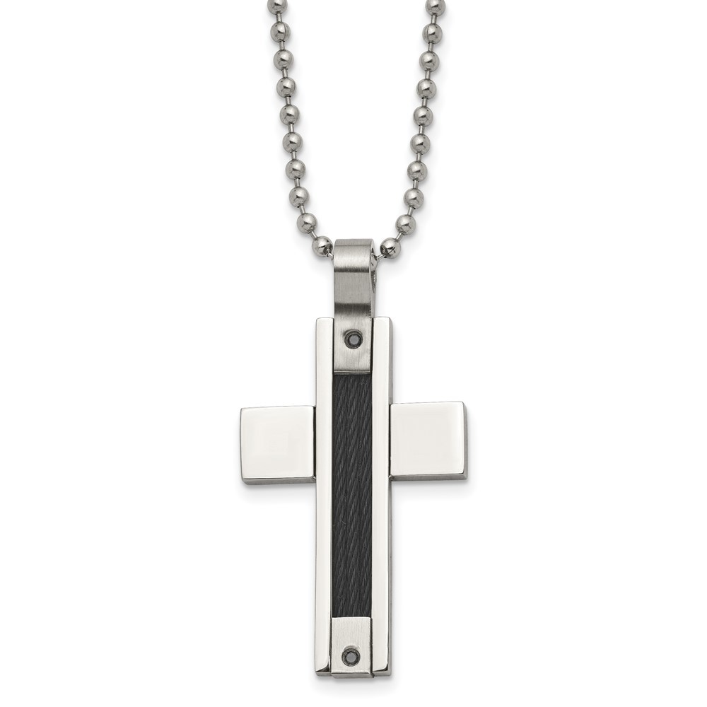 Stainless Steel Polished Black IP Cable 1/20ct Black Dia Cross Necklace