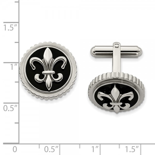 Titanium Polished w/Black Enamel Fleur de lis Cuff Links