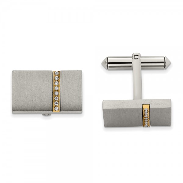 Titanium Brushed Yellow IP-plated w/CZ Rectangular Cuff Links