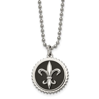 Titanium Polished Black Enamel Fleur de lis 24in Necklace