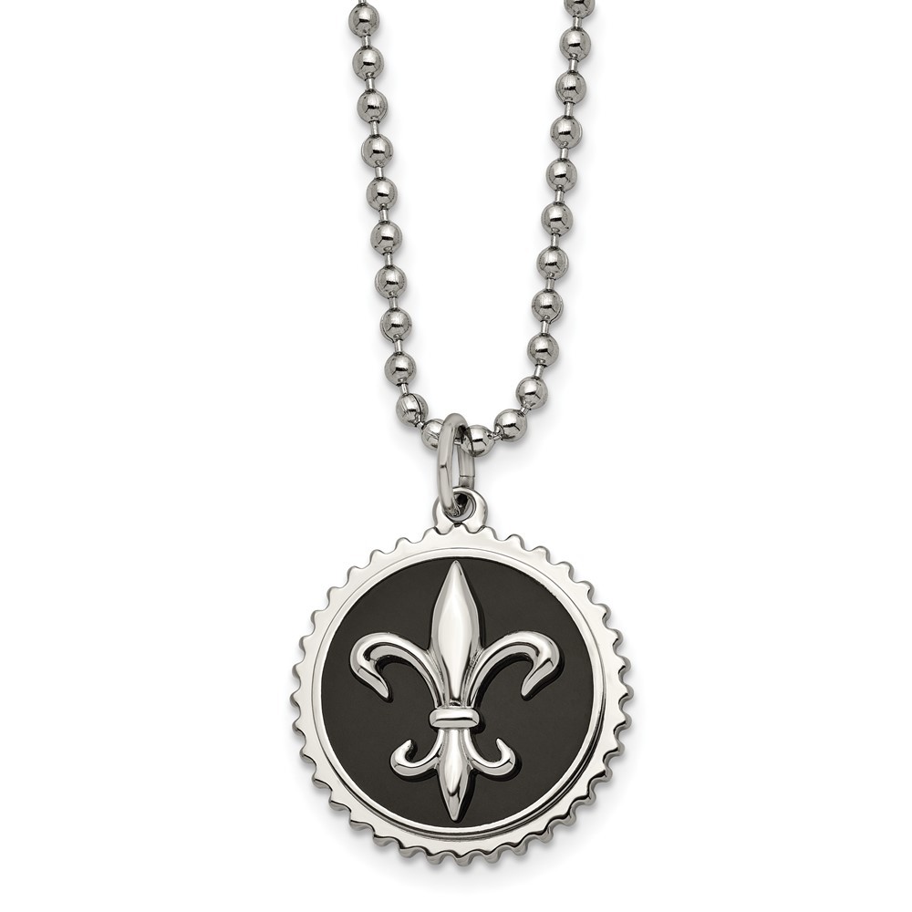 Titanium Polished Black Enamel Fleur de lis 24in Necklace