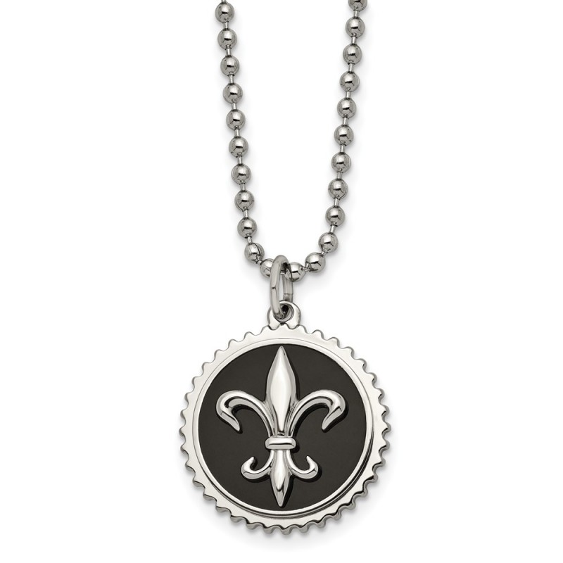 Titanium Polished Black Enamel Fleur de lis 24in Necklace