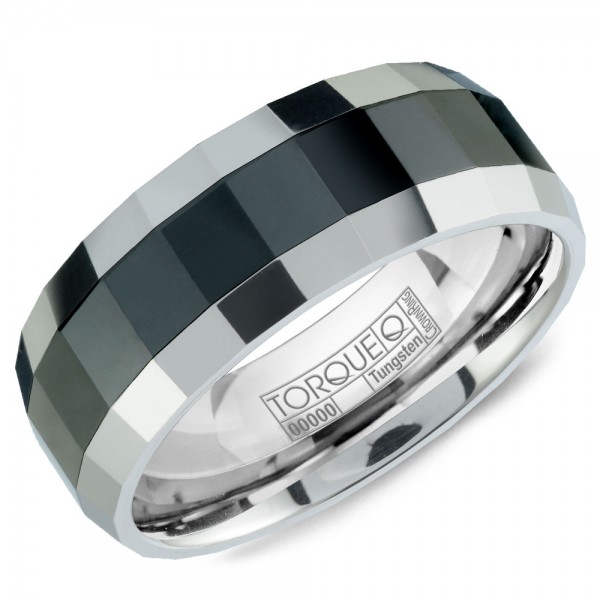 A Black Ceramic Torque Band With White Edges.