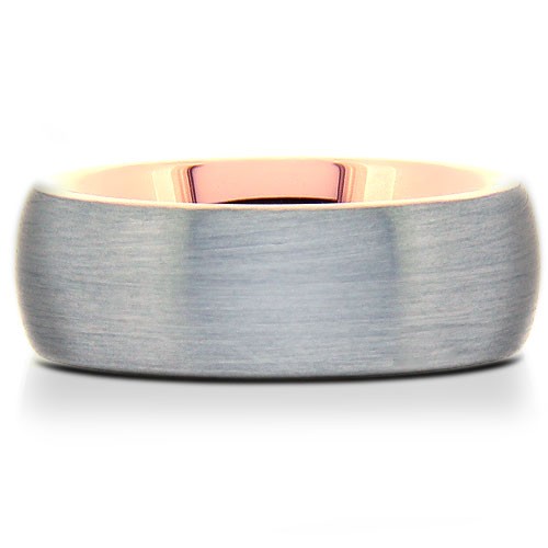 Brushed tungsten ring with rose gold inside & edges.