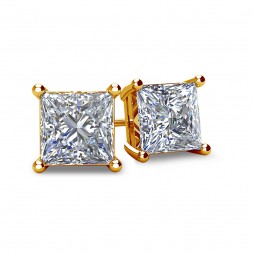 4-PRONG 14K YELLOW GOLD PRINCESS-CUT DIAMOND STUD EARRINGS WITH FRICTION BACKS