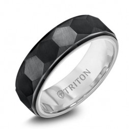 7mm Black and White Tungsten Faceted Band with Sandblast Finish and Bright Interior