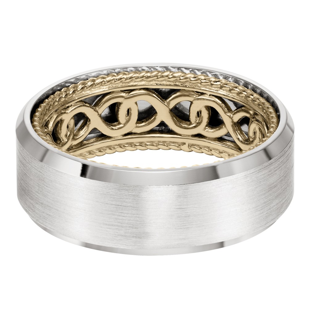 Men's Wedding Band With Infinity Pattern With Rope Edge Inside And Flat Profile With Bevel Edge. Available In Multiple White, Yellow And Rose Gold Color Combinations.