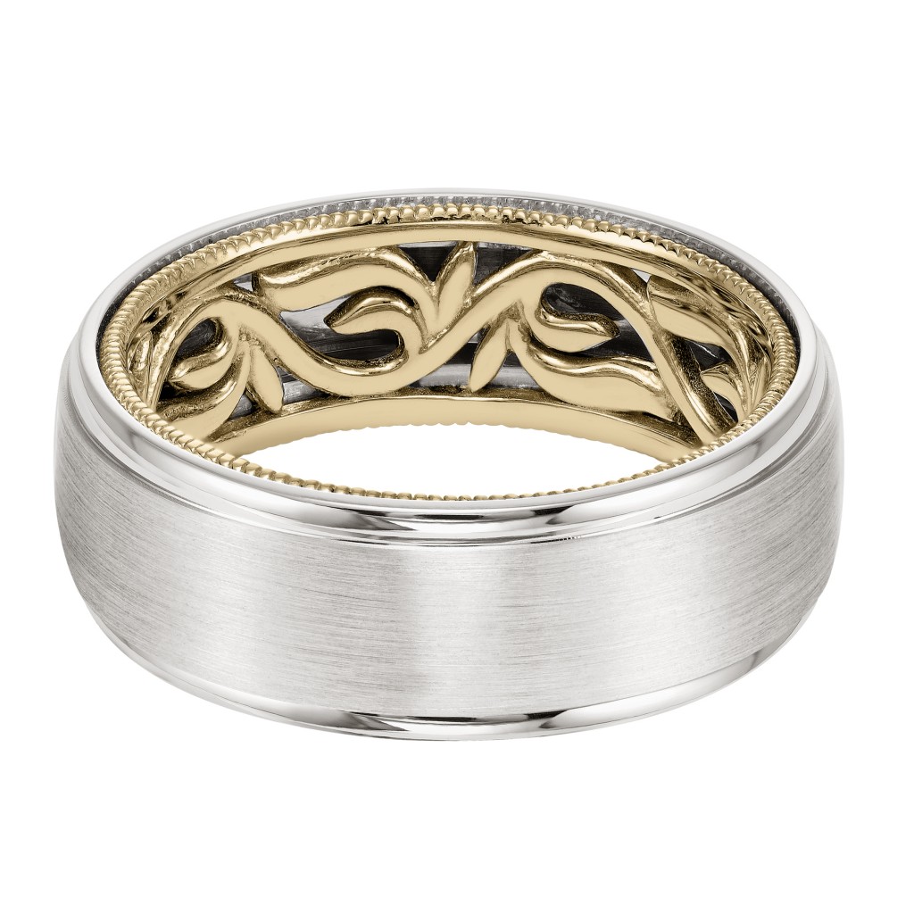 Men's Wedding Band With Vine Pattern And Milgrain Edge Inside And Dome Profile With Round Edge. Available In Multiple White, Yellow And Rose Gold Color Combinations.