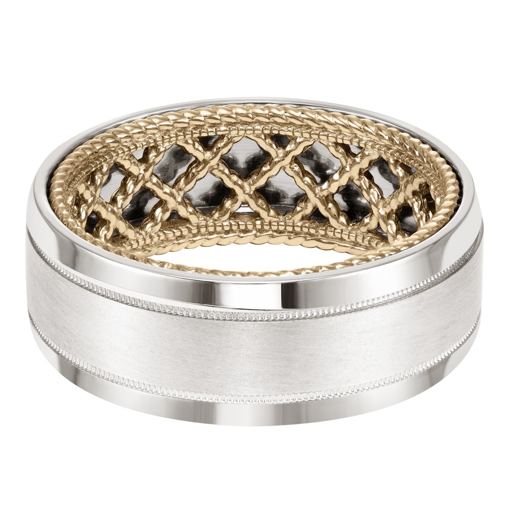 Men's Wedding Band With Net Pattern And Rope Edge Inside And Flat Profile With Milgrain Detail And Bevel Edge. Available In Multiple White, Yellow And Rose Gold Color Combinations.