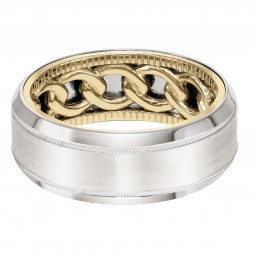 Men's Wedding Band With Chain Link And Coin Edge Pattern Inside And Flat Profile With Milgrain Detail And Bevel Edge. Available In Multiple White, Yellow And Rose Gold Color Combinations.