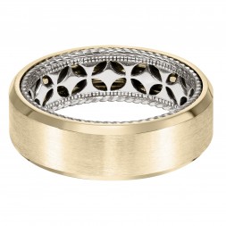 Men's Wedding Band With Diamond Pattern And Rope Edge Inside And Flat Profile With Bevel Edge. Available In Multiple White, Yellow And Rose Gold Color Combinations.