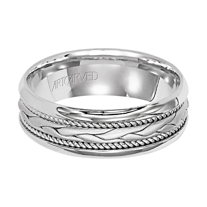 Comfort Fit Engraved Wedding Band With Woven Design Milgrain And Rounded Edges