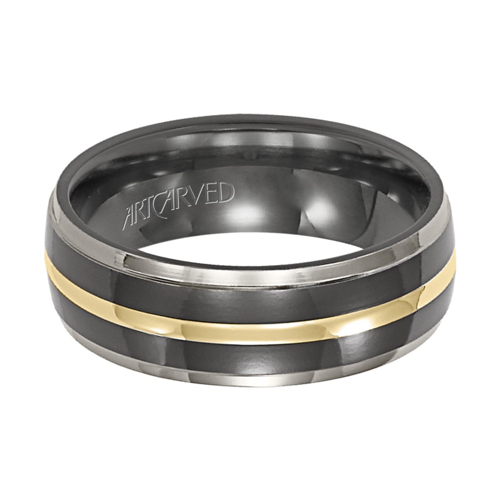 Comfort Fit Grey And Black Titanium Wedding Band With Yellow Gold Center Design And Flat Edges
