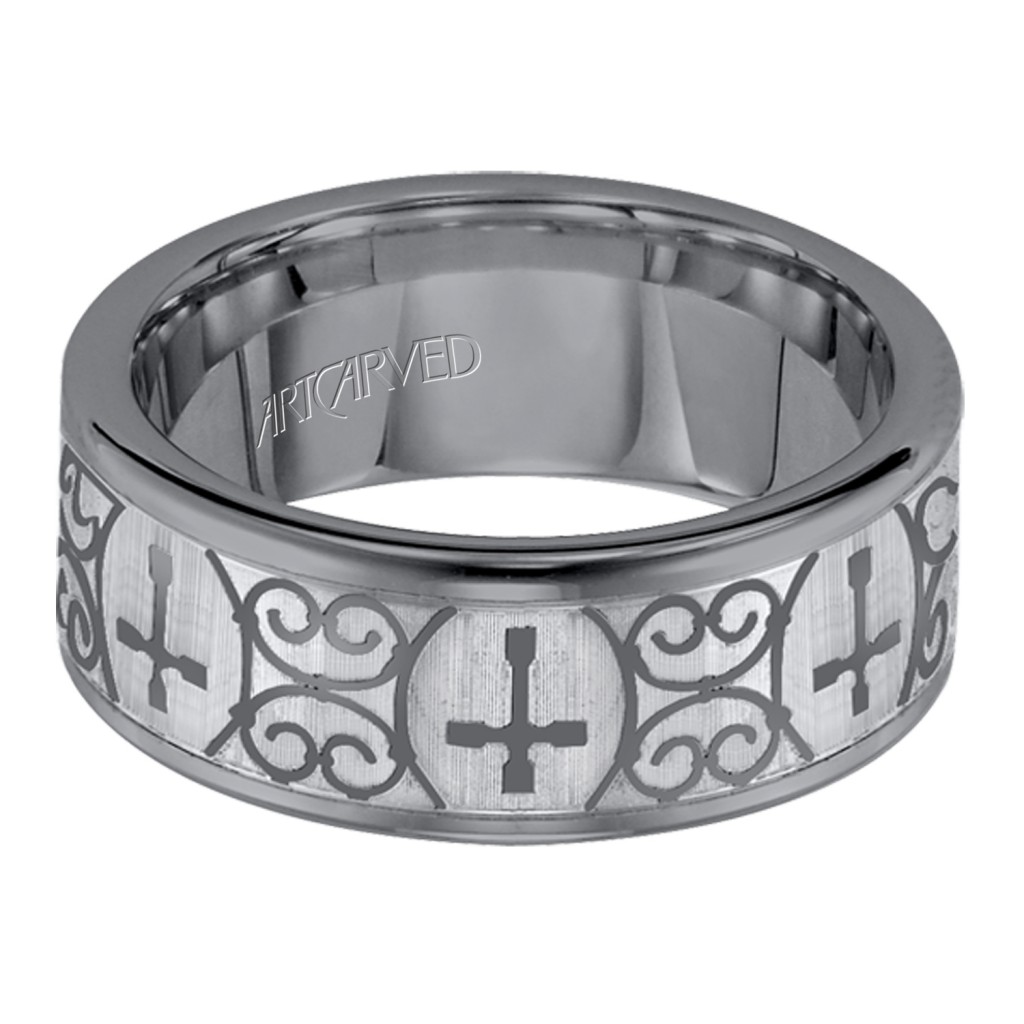 Comfort Fit Tungsten Carbide Wedding Band With Cross Design Vertical Brushed Finish And Bright Rounded Edges