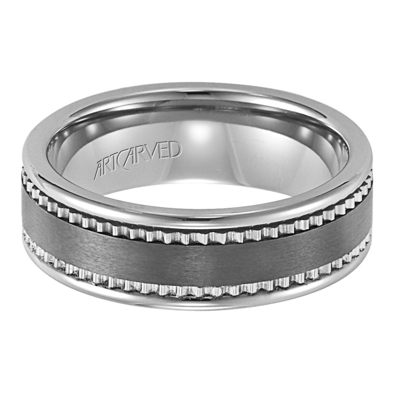 Comfort Fit Tungsten Carbide And Ceramic Wedding Band With Modern Carved Design Black Horizontal Brushed Finish And Flat Edges