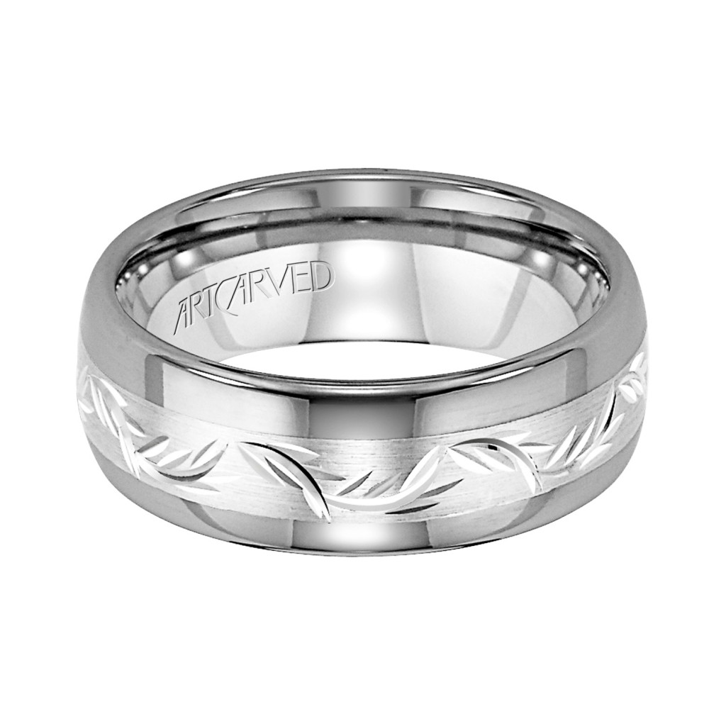 Comfort Fit Tungsten Carbide Wedding Band With Engraved Sterling Silver Center Inlay And Bright Rounded Edges