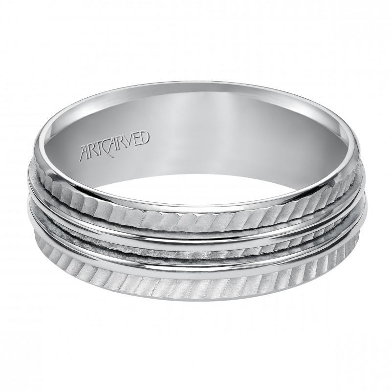 Wedding Band With Diagonal Textural Mate Finish And Two Ridges In The Center