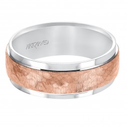 Comfort Fit Wedding Band With Brushed Hammered Finish And Bright Flat Edges