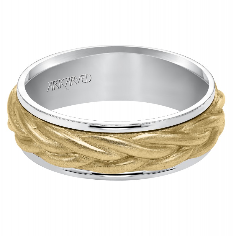 Wedding Band Consisting Of A Rope Center Motif And Flat Bright Rims