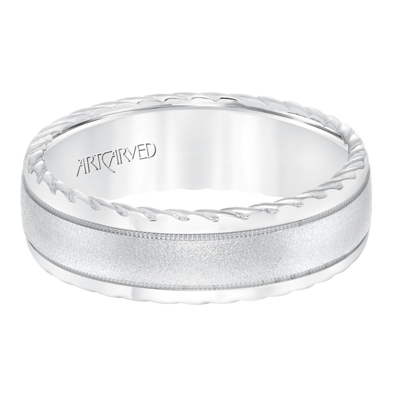 Men's Wedding Band With Soft Sand Finish And Round Edge, Rope Treatment On The Side With Milgrain Accent And Low Dome Profile.