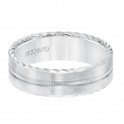 Men's Wedding Band With Hammer Finish With Flat Edge, Double Milgrain Side Treatment And Flat Profile.