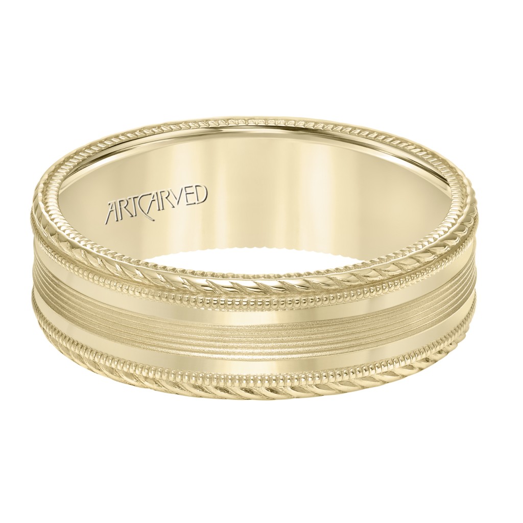 Men's Wedding Band With Serrated And Bright Finish Rope Edge , Milgrain Treatment On The Side And Top With A Flat Profile.