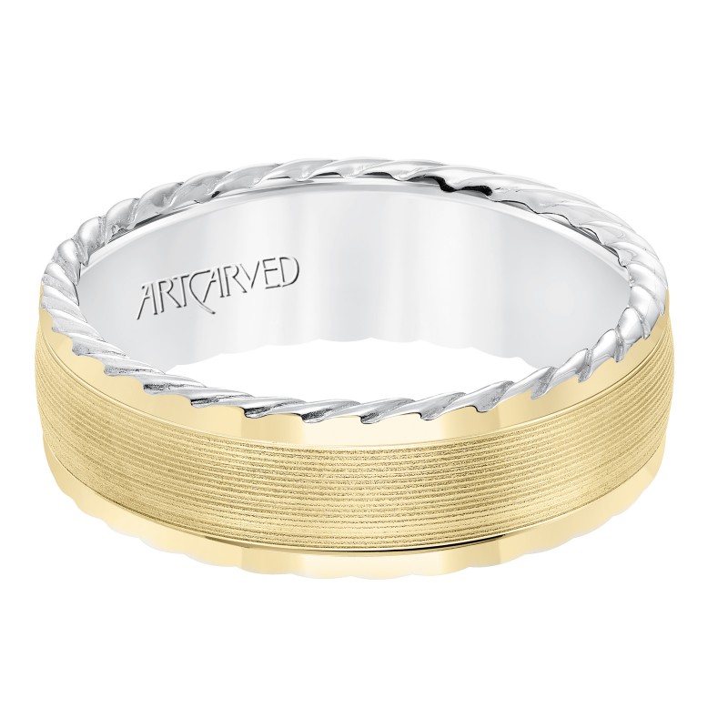 Men's Wedding Band With Serrated Finish And Round Edge, Rope Treatment On The Side With A Low Dome Profile.