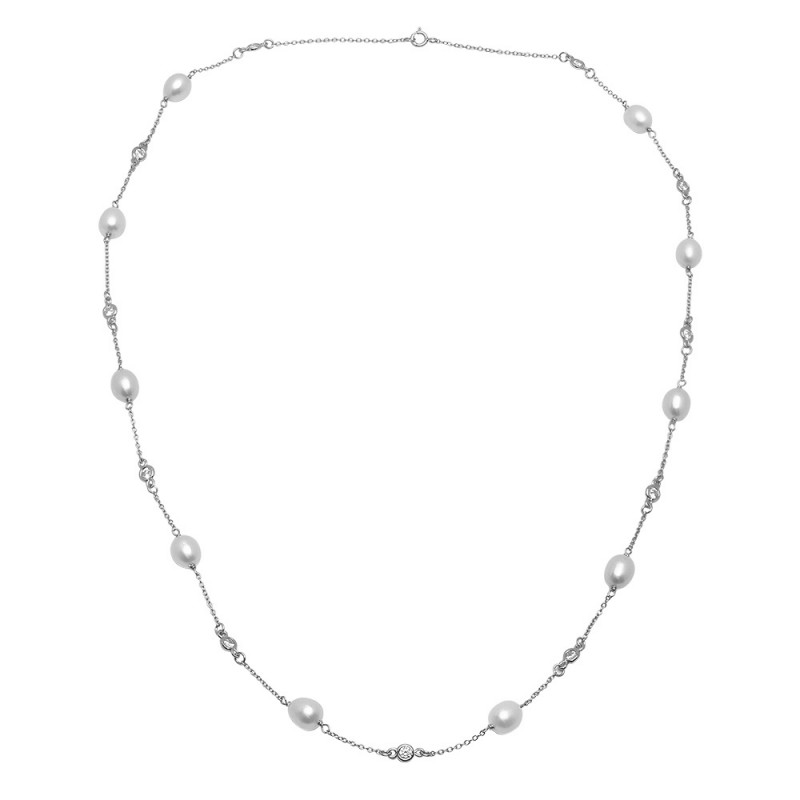 Freshwater Pearl/CZ  Sterling Silver  Necklace