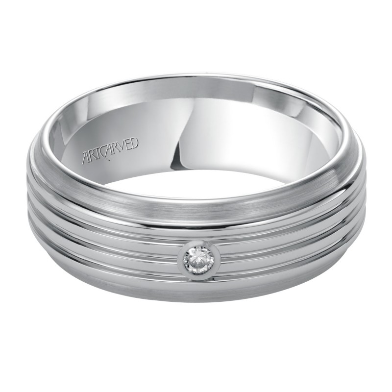 White Tungsten Carbide Wedding Band With Serrated Center Brush Bevel Edge And Diamond Detail