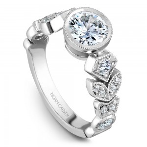 Noam Carver White Gold Engagement Ring With Round Centerpiece And 16 Round Diamonds On Detailed Floral Band