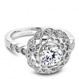 Noam Carver White Gold Engagement Ring With Floral Halo And 18 Round Diamonds
