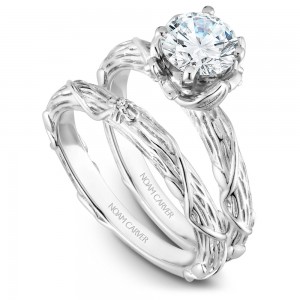 Noam Carver White Gold Engagement Ring With Round Centerpiece, 2 Diamonds On Setting And Floral Band
