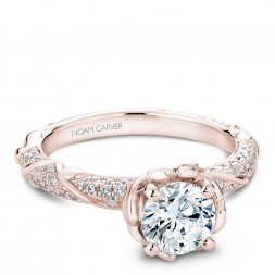 Noam Carver Rose Gold Engagement Ring With Round Centerpiece And Floral Band Dazzled With 100 Diamonds