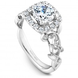 Noam Carver White Gold Engagement Ring With Cushion Halo, 18 Round Diamonds And Detailed Floral Band