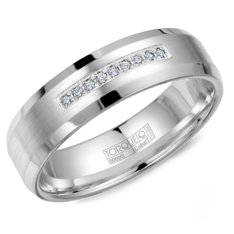 A White Cobalt Torque Band With 9 Diamonds And Sandpaper Edges.