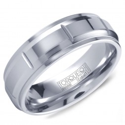 A White Cobalt Torque Band With A Polished Center, Brushed Beveled Edges And Carved Detailing.