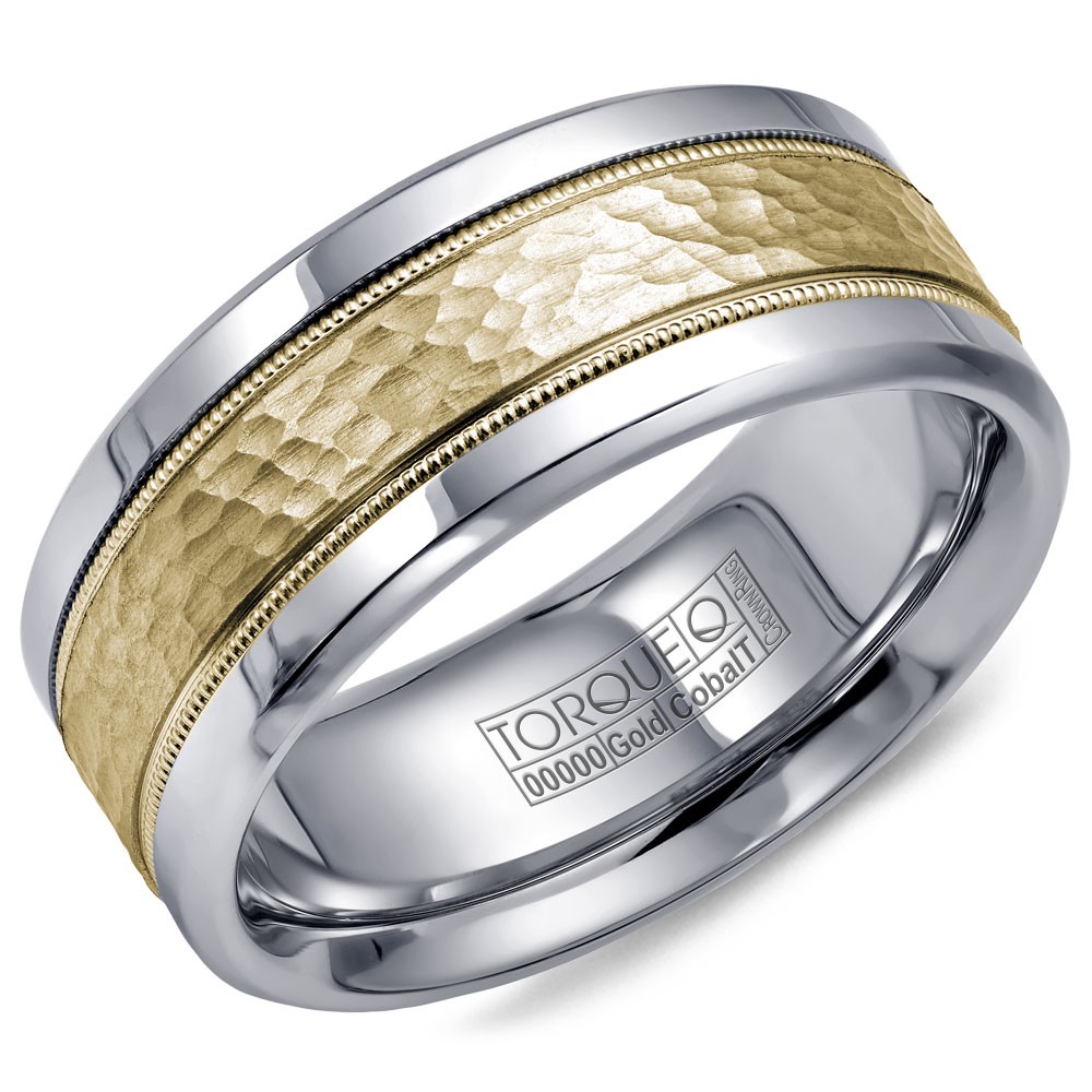 A Torque Ring In White Cobalt With A Hammered Yellow Gold Center And Milgrain Detailing.