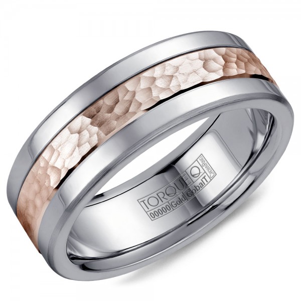 A Torque Ring In White Cobalt With A Hammered Rose Gold Center.