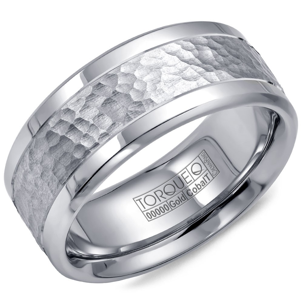A Torque Ring In White Cobalt With A Hammered White Gold Center.