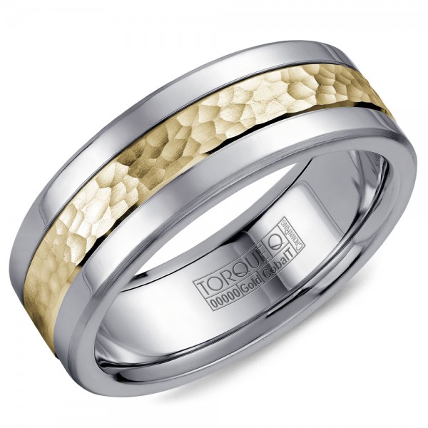 A Torque Ring In White Cobalt With A Hammered Yellow Gold Center.