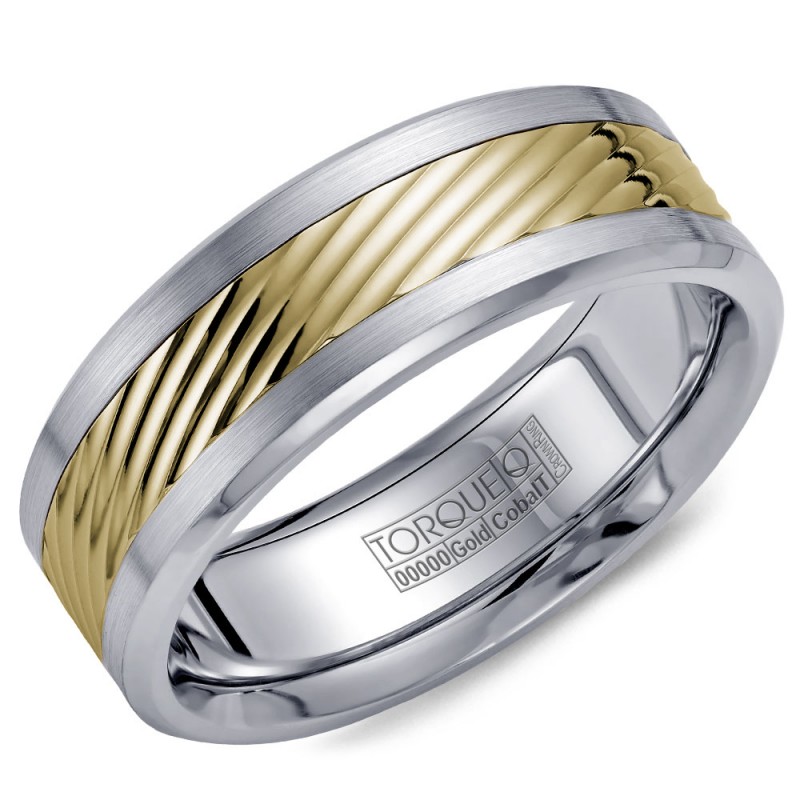 A Torque Ring In White Cobalt With A Carved Yellow Gold Inlay.