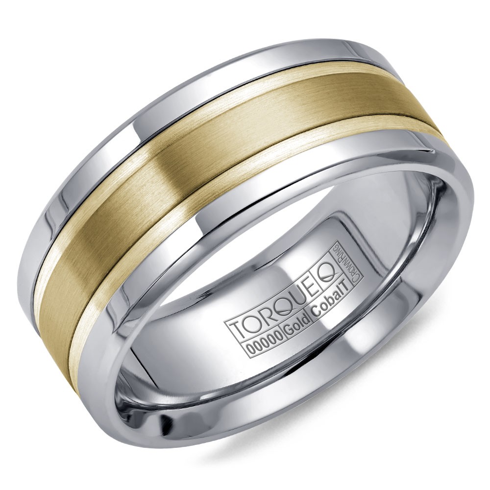 A Torque Ring In White Cobalt With A Brushed Yellow Gold Center.