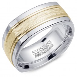 A Torque Ring In White Cobalt With A Hammered Yellow Gold Center And Line Detailing.