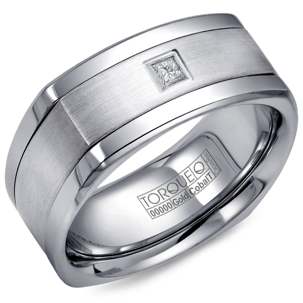 A Torque Ring In White Cobalt With A White Gold Inlay And A Princess Cut Diamond.